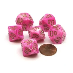 Dice>Vortex 16mm Tens D10 (00-90) Chessex Dice, 6 Pieces - Pink with Gold Numbers - Your Source for Gaming Essentials