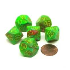 Dice>Vortex 16mm Tens D10 (00-90) Chessex Dice, 6 Pieces - Slime with Yellow Numbers - Your Source for Gaming Essentials