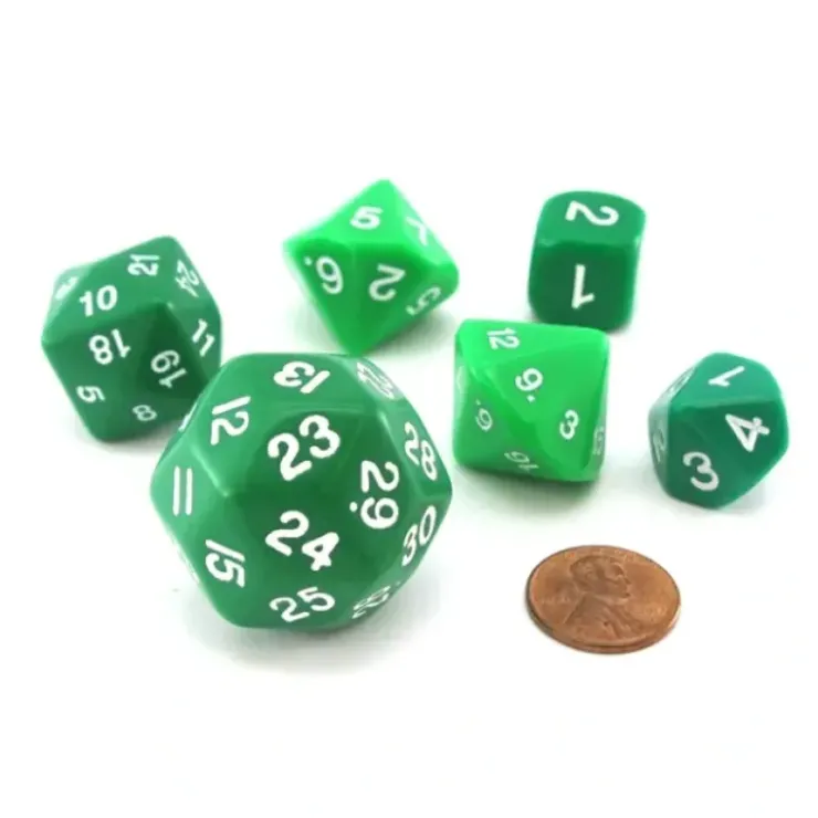 Dice>Who Knew Dice Set, 6 Pack of Unique D3, D5, D7, D16, D24, D30 Dice - Green - Your Source for Gaming Essentials