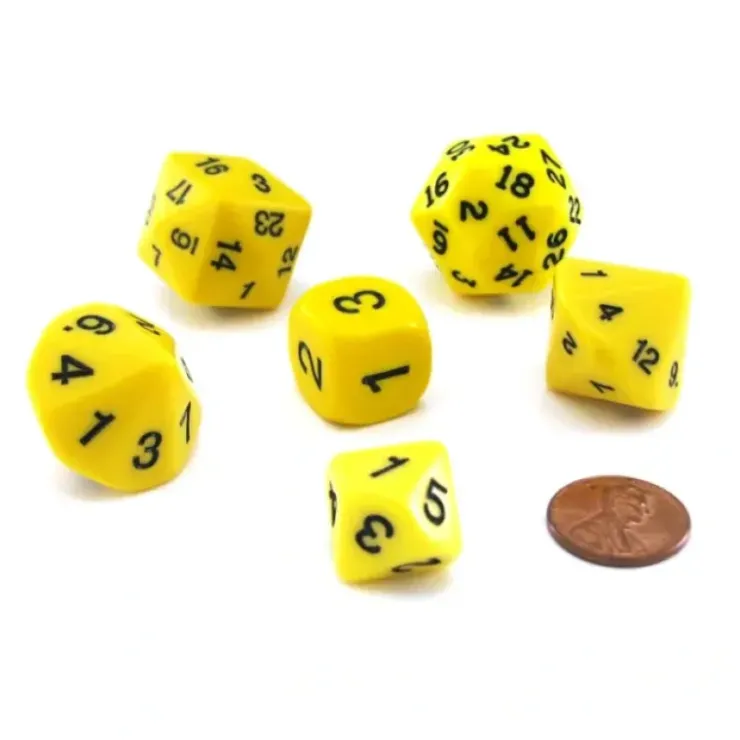 Dice>Who Knew Dice Set, 6 Pack of Unique D3, D5, D7, D16, D24, D30 Dice - Yellow - Your Source for Gaming Essentials
